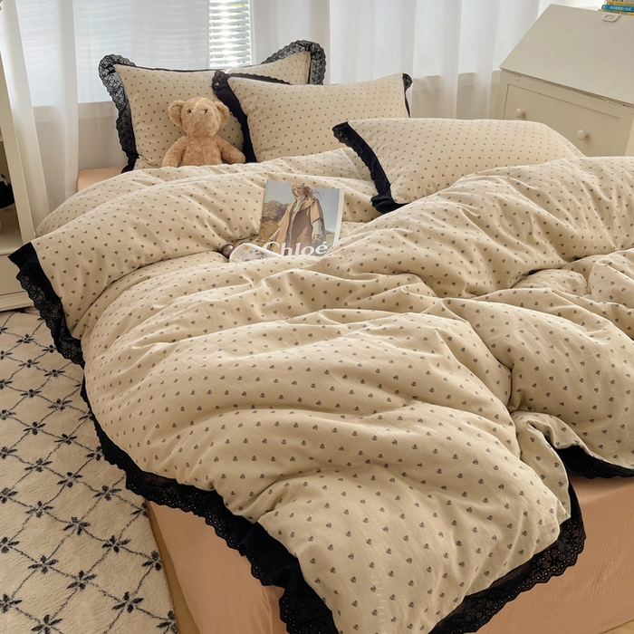 91家纺网 家纺一手货源 找家纺 （总）2025新款全棉黑边双层纱花边款四件套