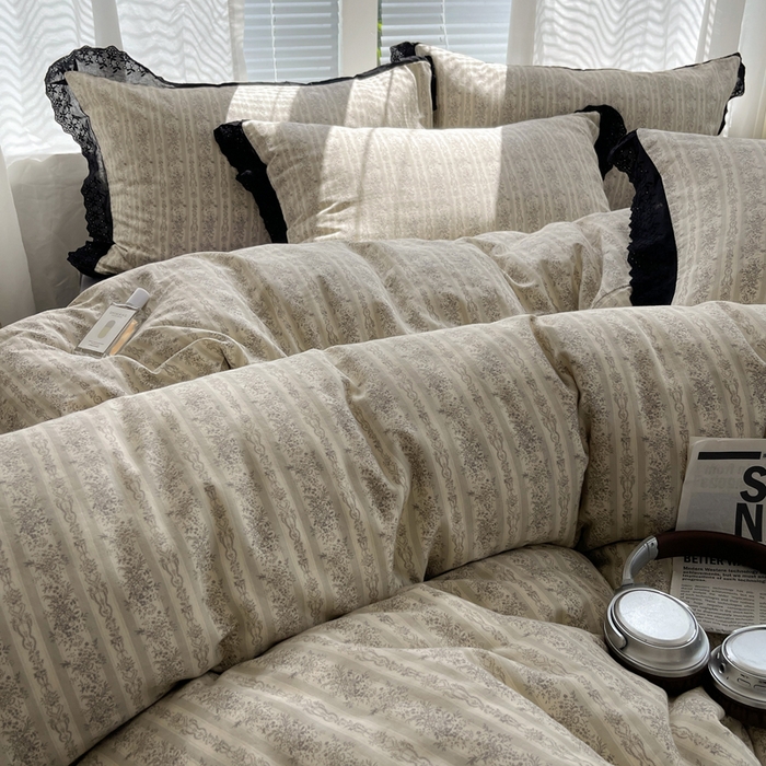 91家纺网 家纺一手货源 找家纺 2025新款全棉黑边双层纱花边款四件套 花边款-庄园