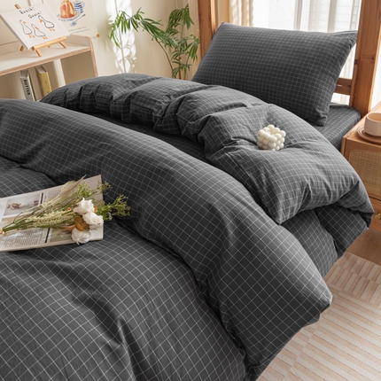 2025新款全棉水洗棉被套纯棉单双人宿舍学生-可配3件套 灰小方格