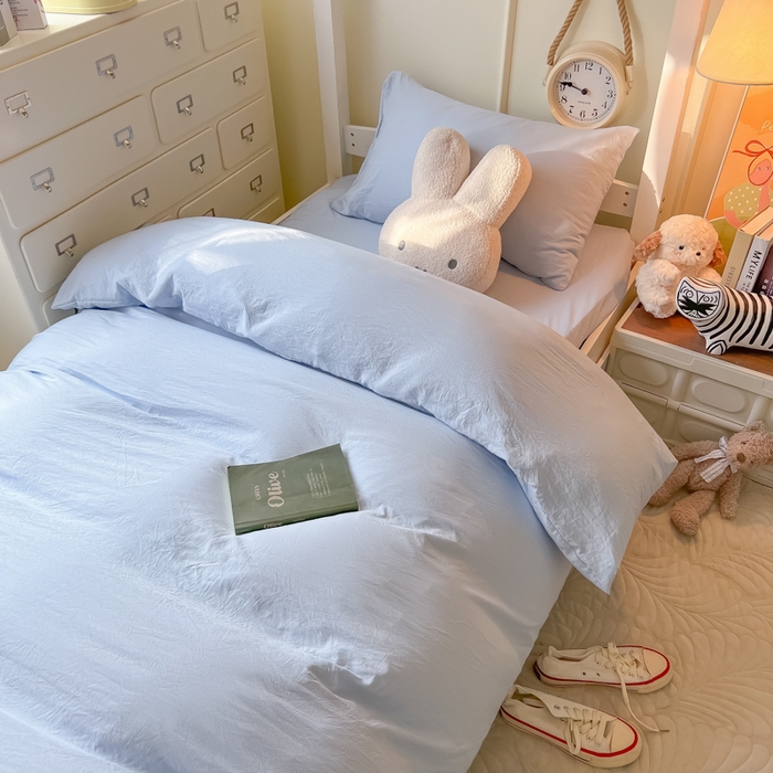 91家纺网 家纺一手货源 找家纺 韩巢家纺 2024新款学生宿舍员工寝室上下铺超柔水洗棉床单被套三件套-纯色系列拼（提供卖家秀） 水洗棉浅蓝