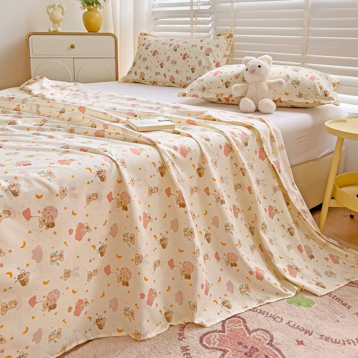 91家纺网 家纺一手货源 找家纺 楠沐家纺  2025新款印花亲肤芦荟棉水洗棉床单系列-床单(第二批) 彩虹猴