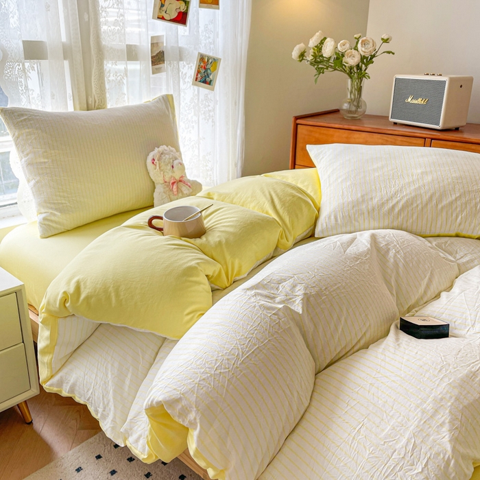 91家纺网 家纺一手货源 找家纺 悦织湾家纺 2025新款水洗棉纯色条纹小眼睛学生宿舍三件套 良品条纹奶黄