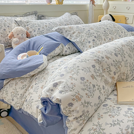 91家纺网 家纺一手货源 找家纺 （总）雅慕 2024新款直播爆款小清新亲肤针织棉加厚双层纱四件套