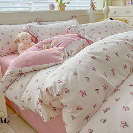 91家纺网 家纺一手货源 找家纺 （总）雅慕 2024新款直播爆款小清新亲肤针织棉加厚双层纱四件套