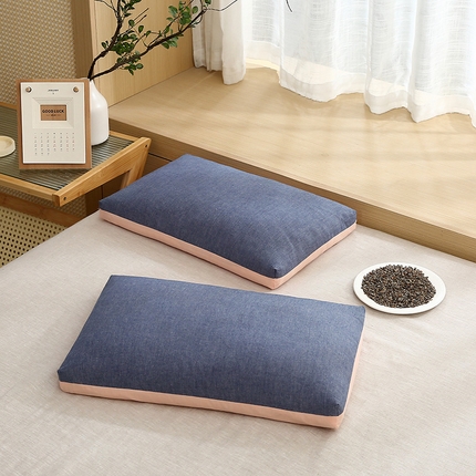 91家纺网 家纺一手货源 找家纺 梦叶草 2024新款全棉水洗棉素色双拼荞麦枕芯 双拼蓝色+玉色荞麦枕35*55cm/只