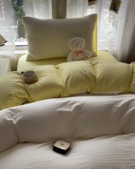 91家纺网 家纺一手货源 找家纺 悦织湾家纺 2025新款水洗棉纯色条纹小眼睛学生宿舍三件套 良品条纹奶黄