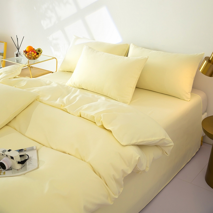 91家纺网 家纺一手货源 找家纺 梦莱家纺 2024新款亲肤磨毛纯色拼色轻奢系列四件套 米黄