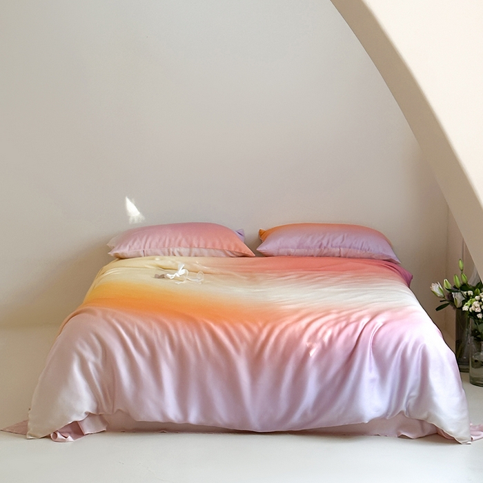 91家纺网 家纺一手货源 找家纺 2024新款60支兰精天丝数码印花四件套 朝霞-柔和桃渐变