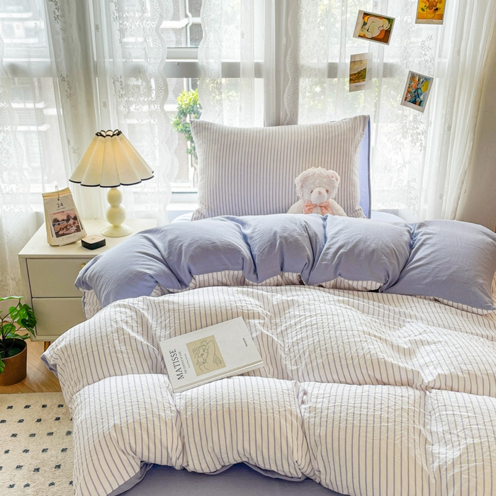 91家纺网 家纺一手货源 找家纺 悦织湾家纺 2025新款水洗棉纯色条纹小眼睛学生宿舍三件套 良品条纹紫
