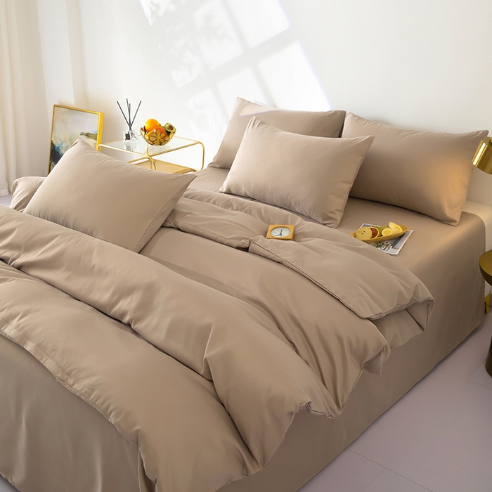 91家纺网 家纺一手货源 找家纺 梦莱家纺 2024新款亲肤磨毛纯色拼色轻奢系列四件套 卡其