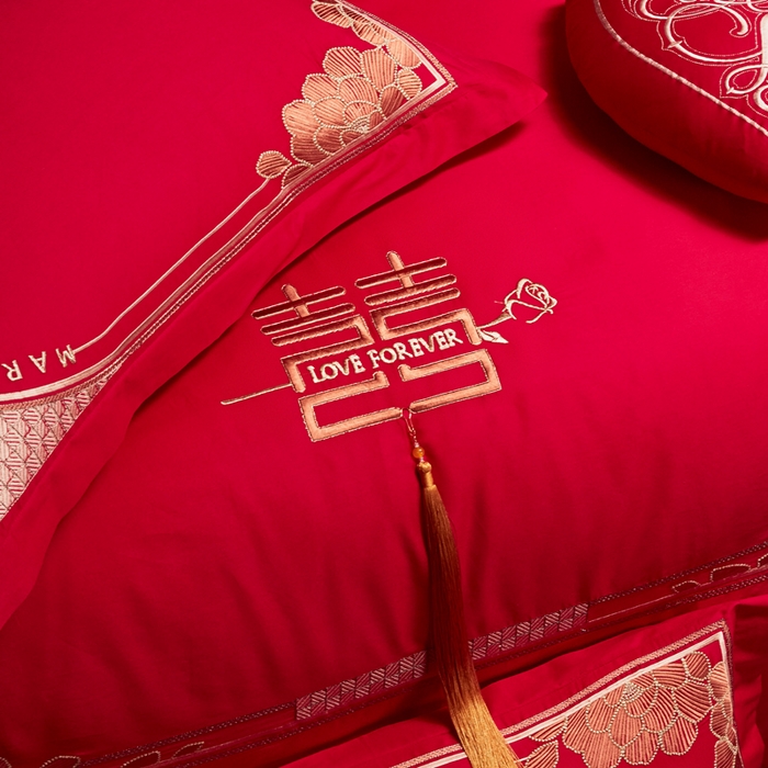 91家纺网 家纺一手货源 找家纺 振翼 2025新款40s全棉丝光喷气婚庆四件套多件套1携手一生