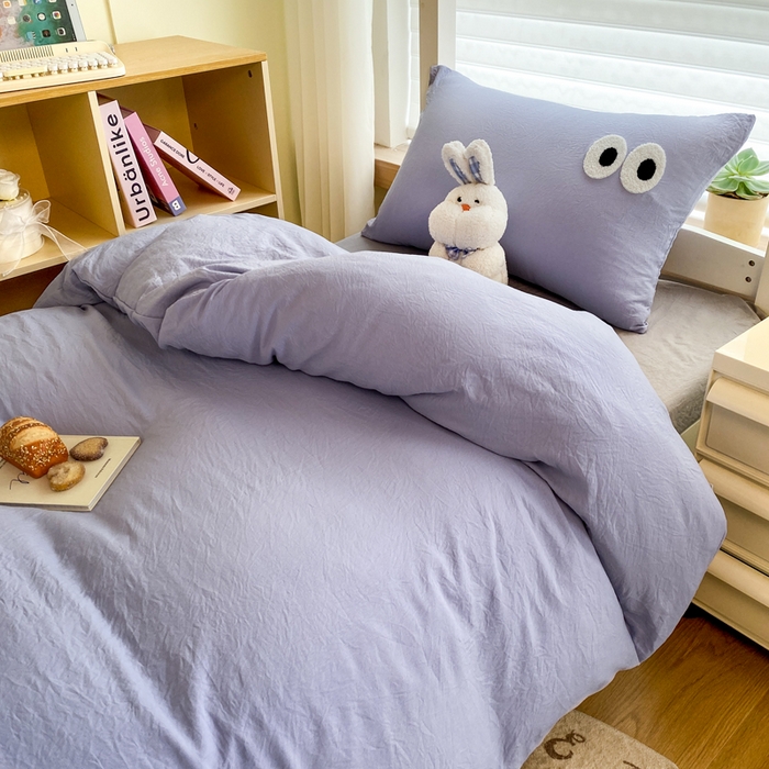 91家纺网 家纺一手货源 找家纺 悦织湾家纺 2025新款水洗棉纯色条纹小眼睛学生宿舍三件套 小眼睛蓝紫