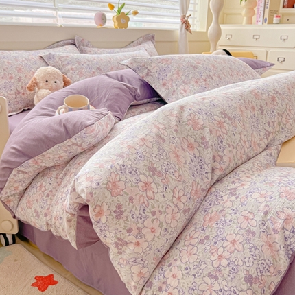 91家纺网 家纺一手货源 找家纺 （总）雅慕 2024新款直播爆款小清新亲肤针织棉加厚双层纱四件套