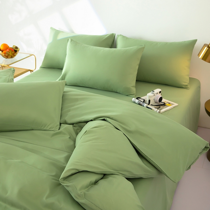 91家纺网 家纺一手货源 找家纺 梦莱家纺 2024新款亲肤磨毛纯色拼色轻奢系列四件套 果绿