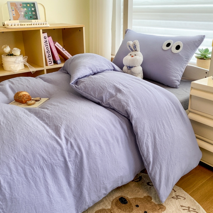 91家纺网 家纺一手货源 找家纺 悦织湾家纺 2025新款水洗棉纯色条纹小眼睛学生宿舍三件套 小眼睛蓝紫