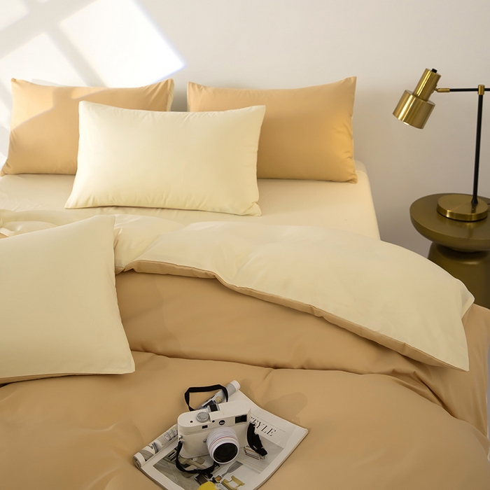 91家纺网 家纺一手货源 找家纺 梦莱家纺 2024新款亲肤磨毛纯色拼色轻奢系列四件套 卡其+米黄