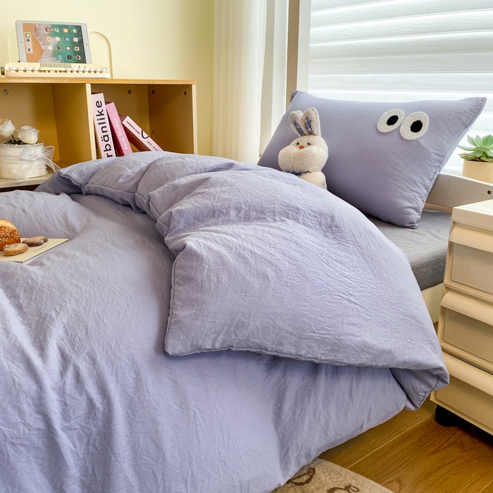 91家纺网 家纺一手货源 找家纺 悦织湾家纺 2025新款水洗棉纯色条纹小眼睛学生宿舍三件套 小眼睛蓝紫