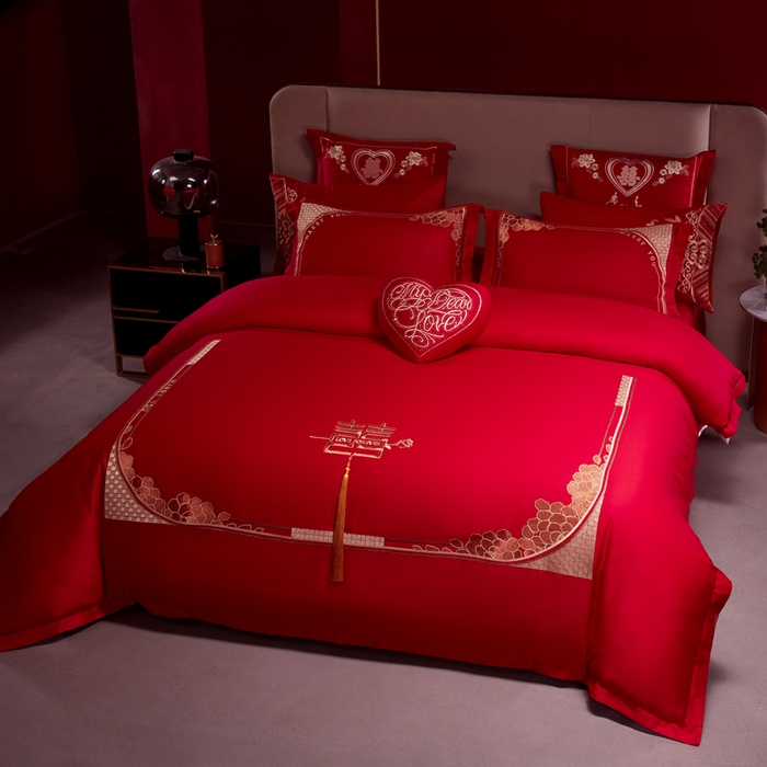 91家纺网 家纺一手货源 找家纺 振翼 2025新款40s全棉丝光喷气婚庆四件套多件套1携手一生