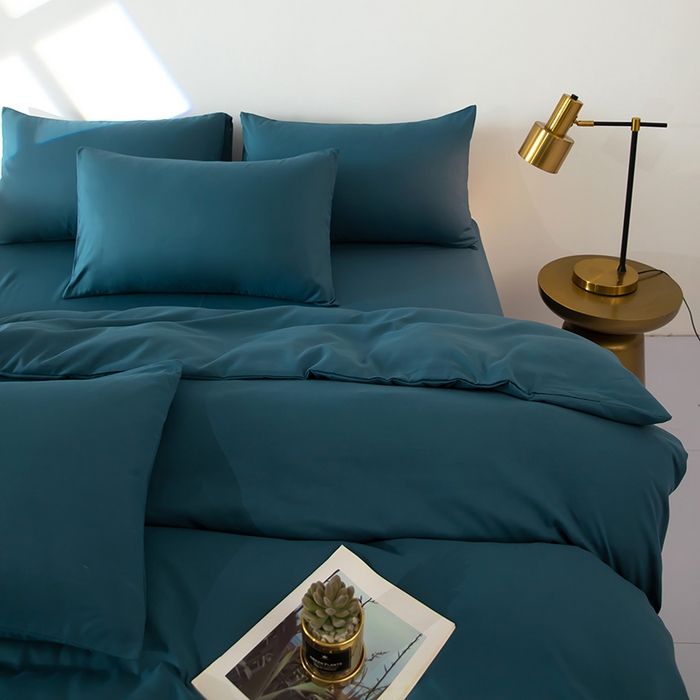 91家纺网 家纺一手货源 找家纺 梦莱家纺 2024新款亲肤磨毛纯色拼色轻奢系列四件套 深蓝