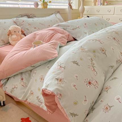 91家纺网 家纺一手货源 找家纺 （总）雅慕 2024新款直播爆款小清新亲肤针织棉加厚双层纱四件套