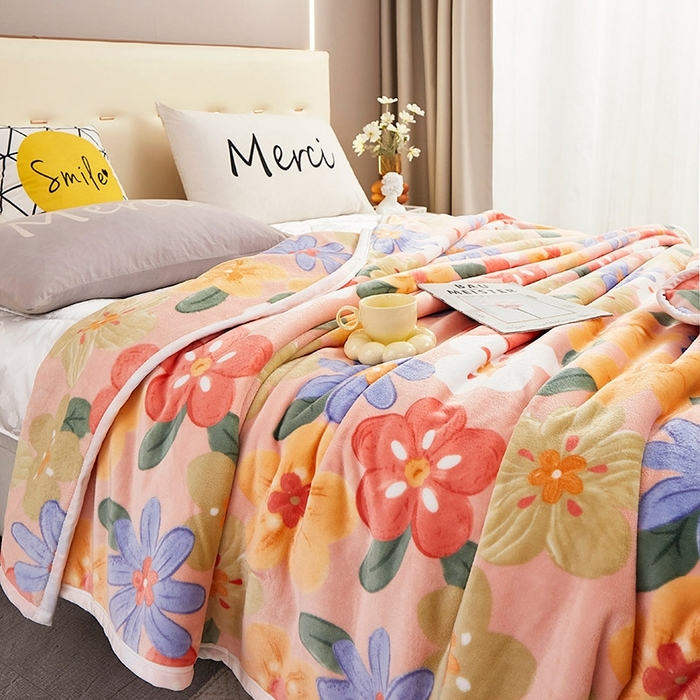 91家纺网 家纺一手货源 找家纺 悦织湾家纺 2025新款加厚云貂绒双面毛毯盖毯 缤纷花朵-粉