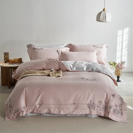 91家纺网 家纺一手货源 找家纺 鼎飞家纺 2024新款全棉新疆长绒棉四件套-蝶恋 蝶恋-灰粉