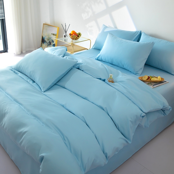 91家纺网 家纺一手货源 找家纺 梦莱家纺 2024新款亲肤磨毛纯色拼色轻奢系列四件套 天蓝