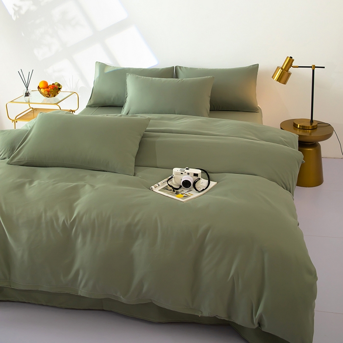 91家纺网 家纺一手货源 找家纺 梦莱家纺 2024新款亲肤磨毛纯色拼色轻奢系列四件套 橄榄绿