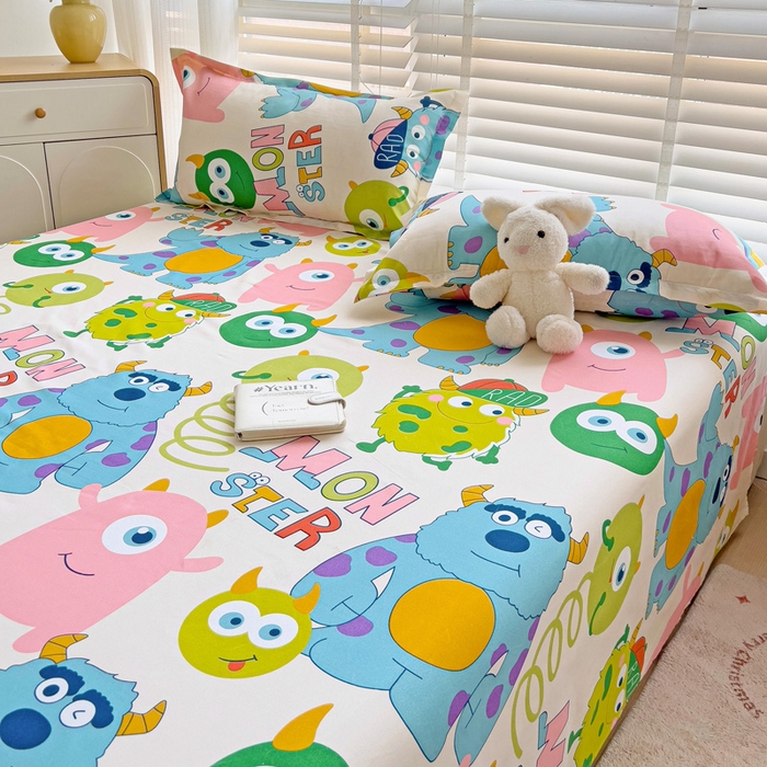 91家纺网 家纺一手货源 找家纺 楠沐家纺  2025新款印花亲肤芦荟棉水洗棉床单系列-床单(第二批) 怪兽大学