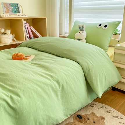 91家纺网 家纺一手货源 找家纺 （总）悦织湾家纺 2025新款水洗棉纯色条纹小眼睛学生宿舍三件套