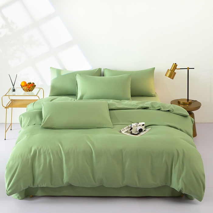 91家纺网 家纺一手货源 找家纺 梦莱家纺 2024新款亲肤磨毛纯色拼色轻奢系列四件套 果绿