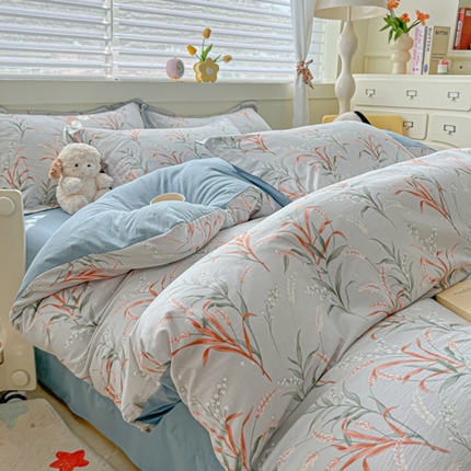 91家纺网 家纺一手货源 找家纺 （总）雅慕 2024新款直播爆款小清新亲肤针织棉加厚双层纱四件套