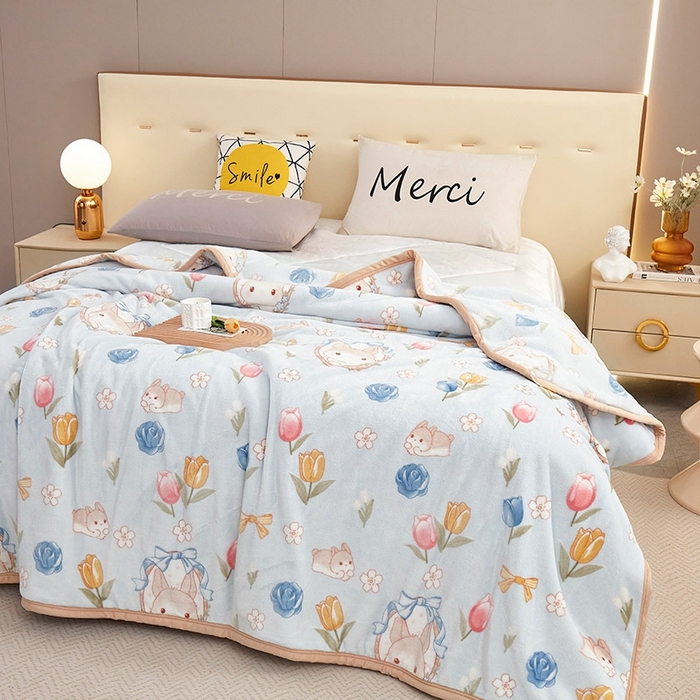 91家纺网 家纺一手货源 找家纺 悦织湾家纺 2025新款加厚云貂绒双面毛毯盖毯 花兔