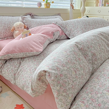 91家纺网 家纺一手货源 找家纺 （总）雅慕 2024新款直播爆款小清新亲肤针织棉加厚双层纱四件套