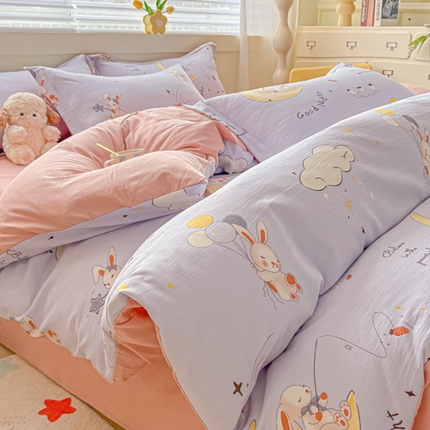 91家纺网 家纺一手货源 找家纺 （总）雅慕 2024新款直播爆款小清新亲肤针织棉加厚双层纱四件套