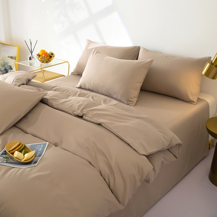 91家纺网 家纺一手货源 找家纺 梦莱家纺 2024新款亲肤磨毛纯色拼色轻奢系列四件套 卡其