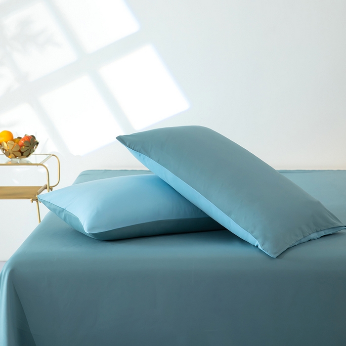 91家纺网 家纺一手货源 找家纺 梦莱家纺 2024新款亲肤磨毛纯色拼色轻奢系列四件套 青蓝+天蓝