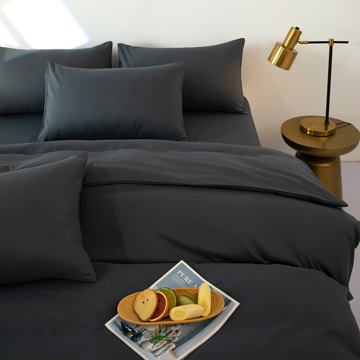 91家纺网 家纺一手货源 找家纺 梦莱家纺 2024新款亲肤磨毛纯色拼色轻奢系列四件套 深灰