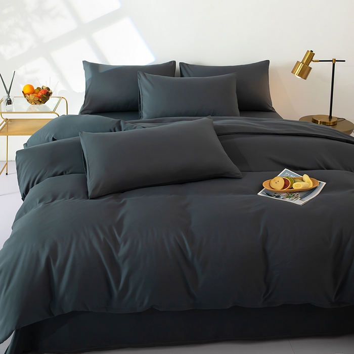 91家纺网 家纺一手货源 找家纺 梦莱家纺 2024新款亲肤磨毛纯色拼色轻奢系列四件套 深灰