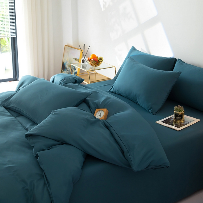 91家纺网 家纺一手货源 找家纺 梦莱家纺 2024新款亲肤磨毛纯色拼色轻奢系列四件套 深蓝