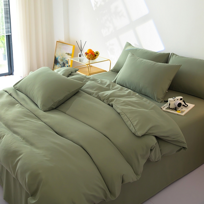 91家纺网 家纺一手货源 找家纺 梦莱家纺 2024新款亲肤磨毛纯色拼色轻奢系列四件套 橄榄绿