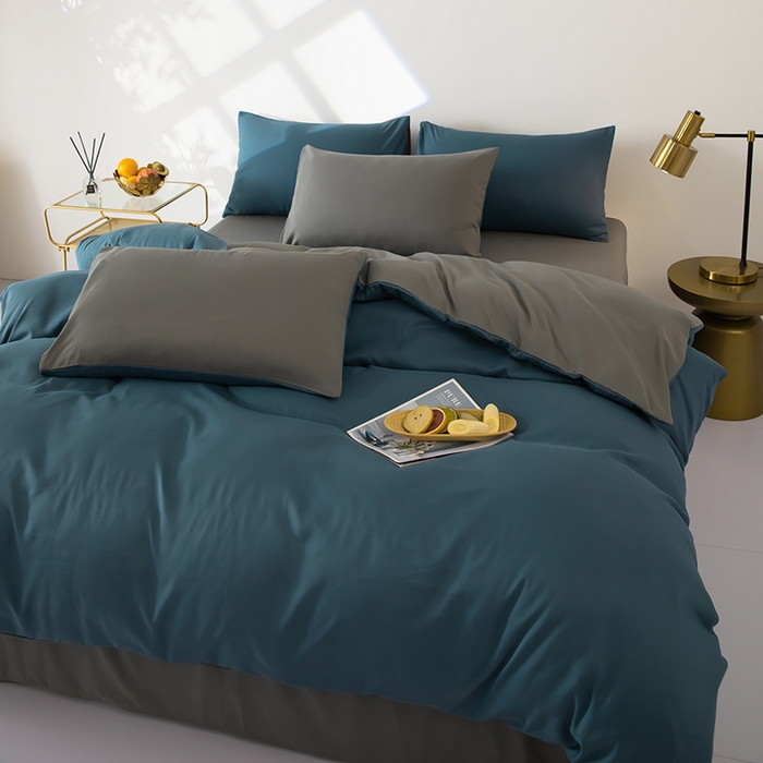 91家纺网 家纺一手货源 找家纺 梦莱家纺 2024新款亲肤磨毛纯色拼色轻奢系列四件套 深蓝+深灰