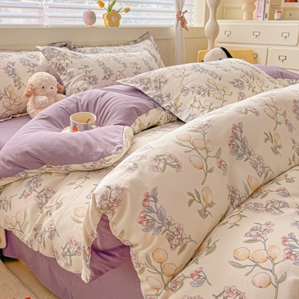 91家纺网 家纺一手货源 找家纺 （总）雅慕 2024新款直播爆款小清新亲肤针织棉加厚双层纱四件套