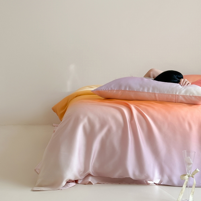 91家纺网 家纺一手货源 找家纺 2024新款60支兰精天丝数码印花四件套 朝霞-柔和桃渐变