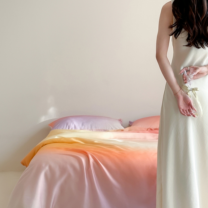 91家纺网 家纺一手货源 找家纺 2024新款60支兰精天丝数码印花四件套 朝霞-柔和桃渐变