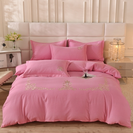 91家纺网 家纺一手货源 找家纺 （总）磨毛世家家纺 2025秋冬新款素色加厚绣花四件套纯色