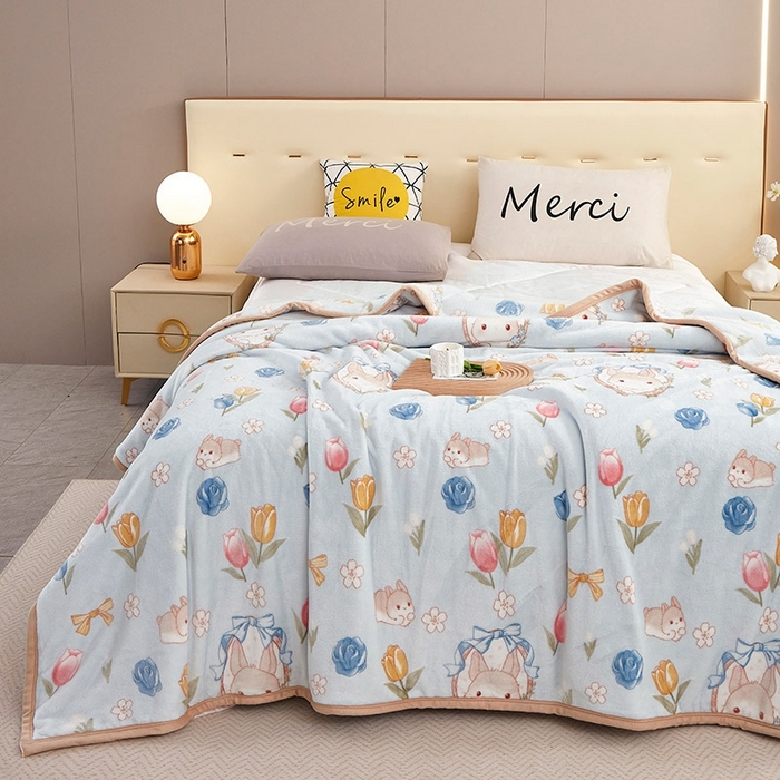 91家纺网 家纺一手货源 找家纺 悦织湾家纺 2025新款加厚云貂绒双面毛毯盖毯 花兔