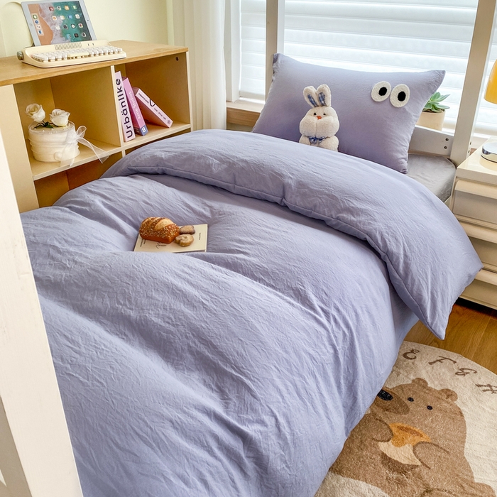 91家纺网 家纺一手货源 找家纺 悦织湾家纺 2025新款水洗棉纯色条纹小眼睛学生宿舍三件套 小眼睛蓝紫