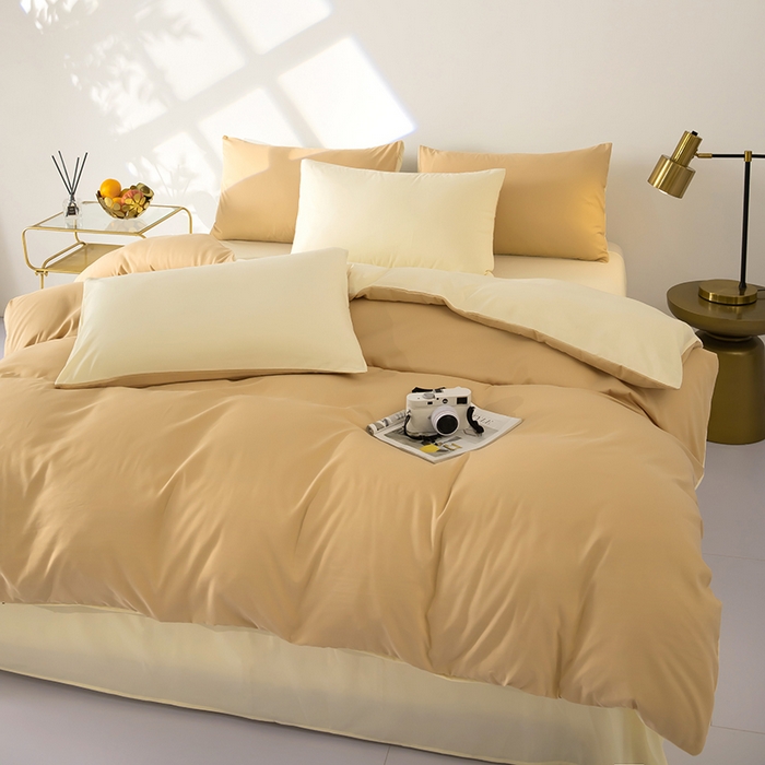 91家纺网 家纺一手货源 找家纺 梦莱家纺 2024新款亲肤磨毛纯色拼色轻奢系列四件套 卡其+米黄