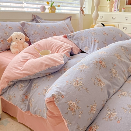 91家纺网 家纺一手货源 找家纺 （总）雅慕 2024新款直播爆款小清新亲肤针织棉加厚双层纱四件套